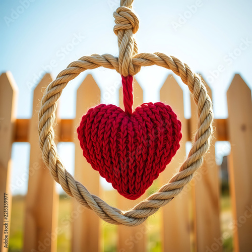 A red knitted heart ornament hanging inside a circular rope frame against a wooden fence