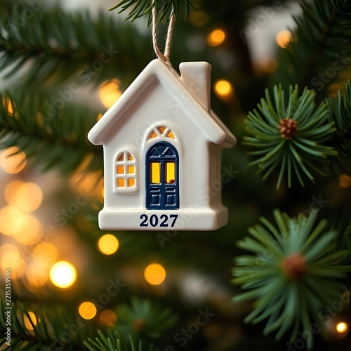 Ceramic house shaped christmas ornament hanging on a festive fir tree branch with bokeh lights