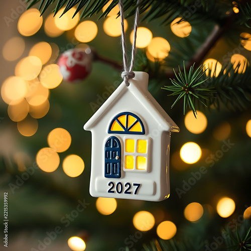 Ceramic house shaped Christmas tree ornament with year 2027 hanging on pine branch with festive blurred golden bokeh lights