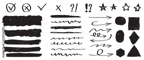 Hand Drawn Black Ink Sketch Elements Collection with Arrows Lines Checks Stars and Geometric Shapes Vector Illustration