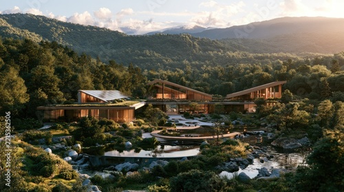 Serene Mountain Retreat: A modern architectural marvel nestled amidst lush, verdant mountains and clear streams, offering a tranquil escape with its natural integration and sustainable design.