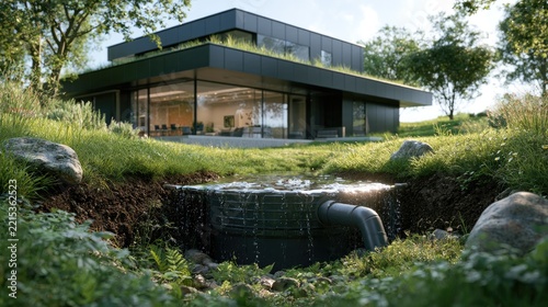 Modern Eco-home with Green Roof and Water Feature: A sleek, modern house with a green roof and large glass windows is nestled in a lush, green landscape.