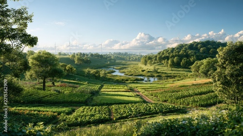 Panoramic Rural Landscape: A serene, sun-drenched rural landscape unfolds, showcasing rolling green hills, fertile farmlands, a winding river.