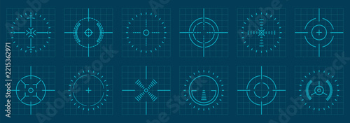 Futuristic targeting interface collection with blue crosshair sights and digital HUD elements