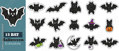 Halloween bat icons set with flying bats, witch hat, moon and jack-o-lantern, editable flat vector illustration for festive designs
