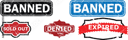 Set of various vintage style rubber stamps featuring text like banned sold out denied and expired on white background