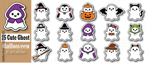 Halloween ghost characters in colorful costumes, white, orange, purple and black cartoon ghosts, editable flat vector icon set