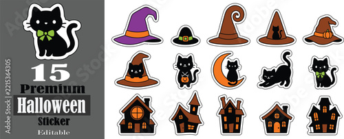 Halloween stickers set with black cats, witches, haunted houses and crescent moon, editable flat vector icons for spooky designs