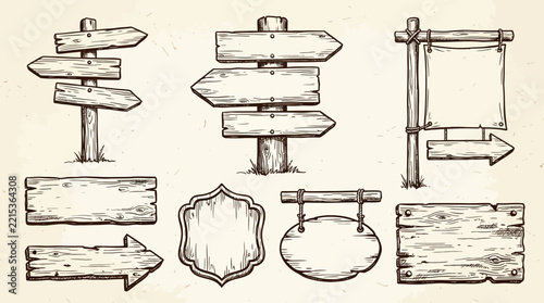 Vintage Hand Drawn Wooden Signpost and Blank Signage Set.