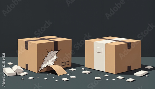 cardboard boxes with a hole, displaying scattered packing materials, representing shipping and delivery challenges, concept logistics, with copy space