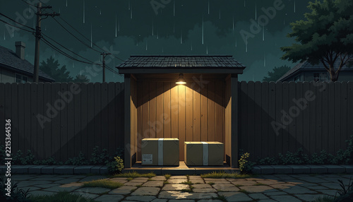 illuminated delivery area with rain falling, cardboard boxes left on the ground at night, creating a cozy and secure atmosphere for outdoor logistics and e-commerce needs