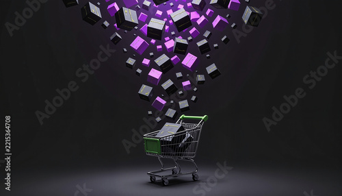 shopping cart surrounded by floating colorful boxes creating an abstract e-commerce concept against a dark background for digital advertising and marketing campaigns