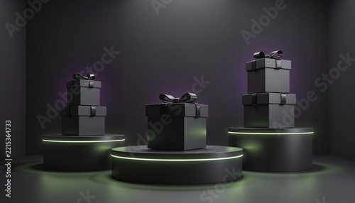 three stacked black gift boxes with ribbon on circular podiums illuminated by green light in a dark setting, concept celebration