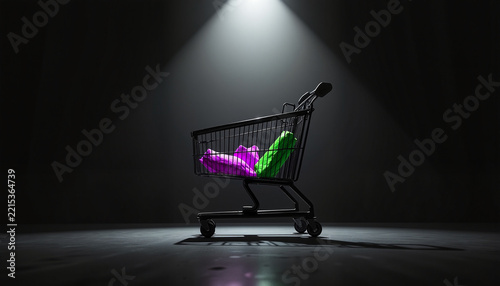 shopping cart filled with colorful objects illuminated by spotlight against a dark background, concept retail therapy, with copy space