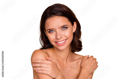 Obraz na plátně Close up photo beautiful she her lady white teeth hands arms touch herself shoul
