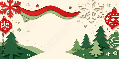 Decorative christmas background with stylized paper cut pine trees and festive hanging ornaments christmas background papercut ornament celebration seasonal invitation greeting snowflake