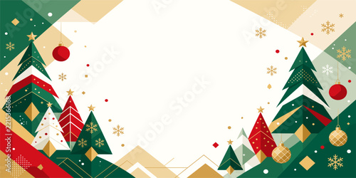Christmas trees border design with red and gold ornaments on a snowy background christmas background ornament geometric decoration celebration illustration template minimalist invitation