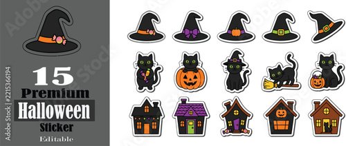 Halloween sticker set with witch, black cat, jack-o-lantern and haunted house in orange, black and purple, flat vector icons