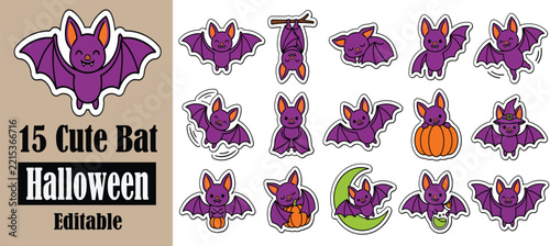 Cute Halloween bat icons set, minimalist black and orange flat vector bats for greeting cards, flyers and editable designs