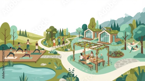 People engage in yoga sessions, enjoy healthy meals, and partake in activities outdoors at a wellness retreat.
