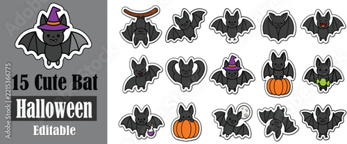 Cute Halloween bat characters set with wings, witch hat and pumpkin, playful black and orange flat vector icons for festive designs
