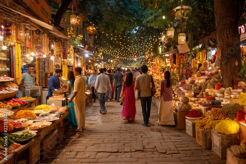 Vibrant Diwali street market decorated with lanterns, flowers, and lights.
