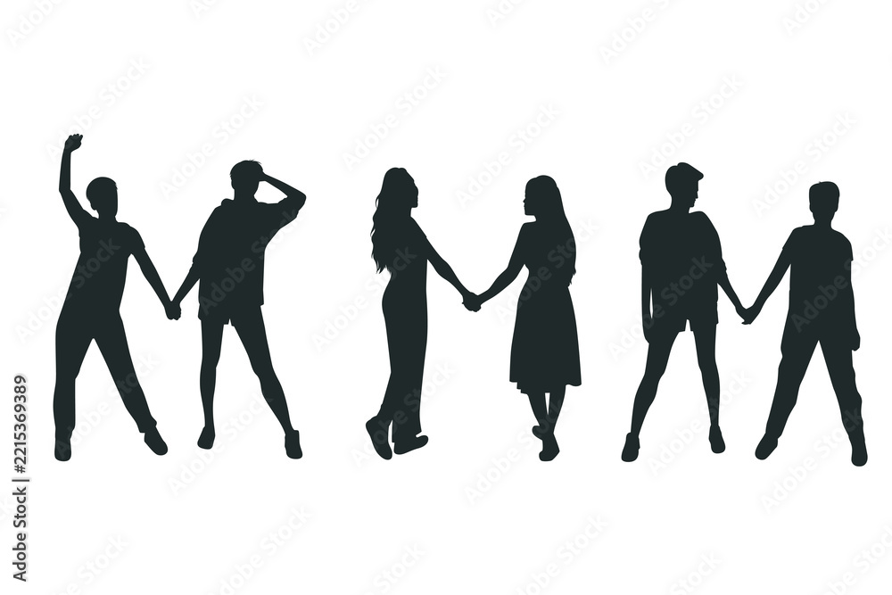 Obraz premium Diverse Couples and Friends Holding Hands Silhouettes on White