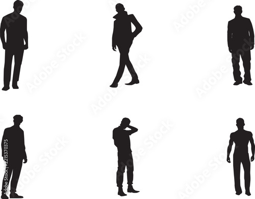 Men Standing Poses Silhouette Set Flat Vector Icon Black People Art