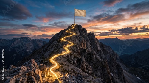 Glowing golden winding path leading to a white flag on a mountain peak at beautiful sunset
