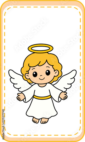 Cute cartoon angel with golden halo and wings, kawaii cherub character in white robe, religious heavenly spirit vector for kids