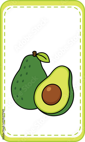 Cute avocado cartoon illustration, fresh green fruit vector on flashcard, healthy food educational graphic for children