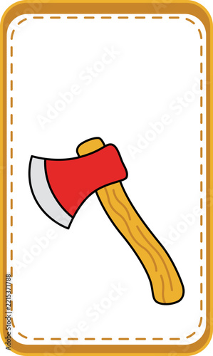 Cartoon axe illustration with red head and wooden handle, educational flashcard vector for kids, simple woodcutter tool icon on white background