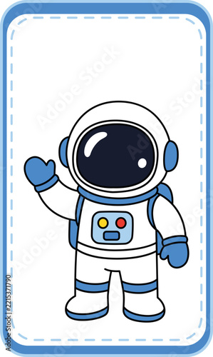 Cute cartoon astronaut waving in space suit, friendly spaceman character vector illustration, cosmic explorer mascot for kids education