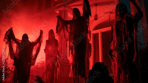 Scary Halloween figures near a house door with spooky seasonal decorations