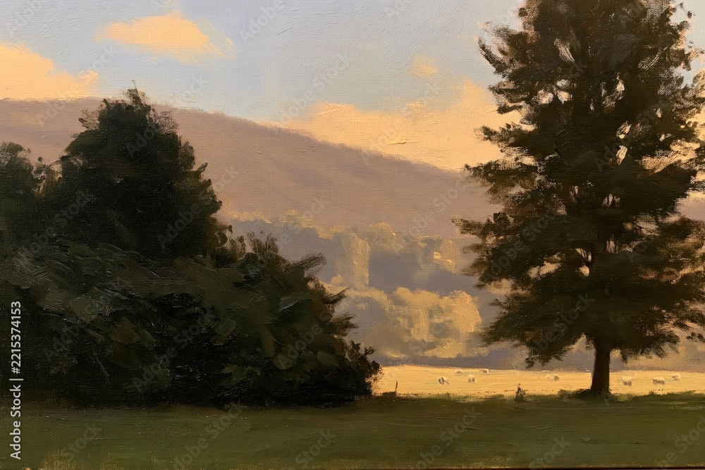 Naklejka premium Pastoral Landscape Painting with Sheep