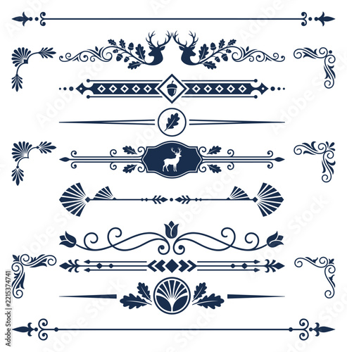 Rustic deer oak and acorn dividers borders and corner elements in blue for design projects