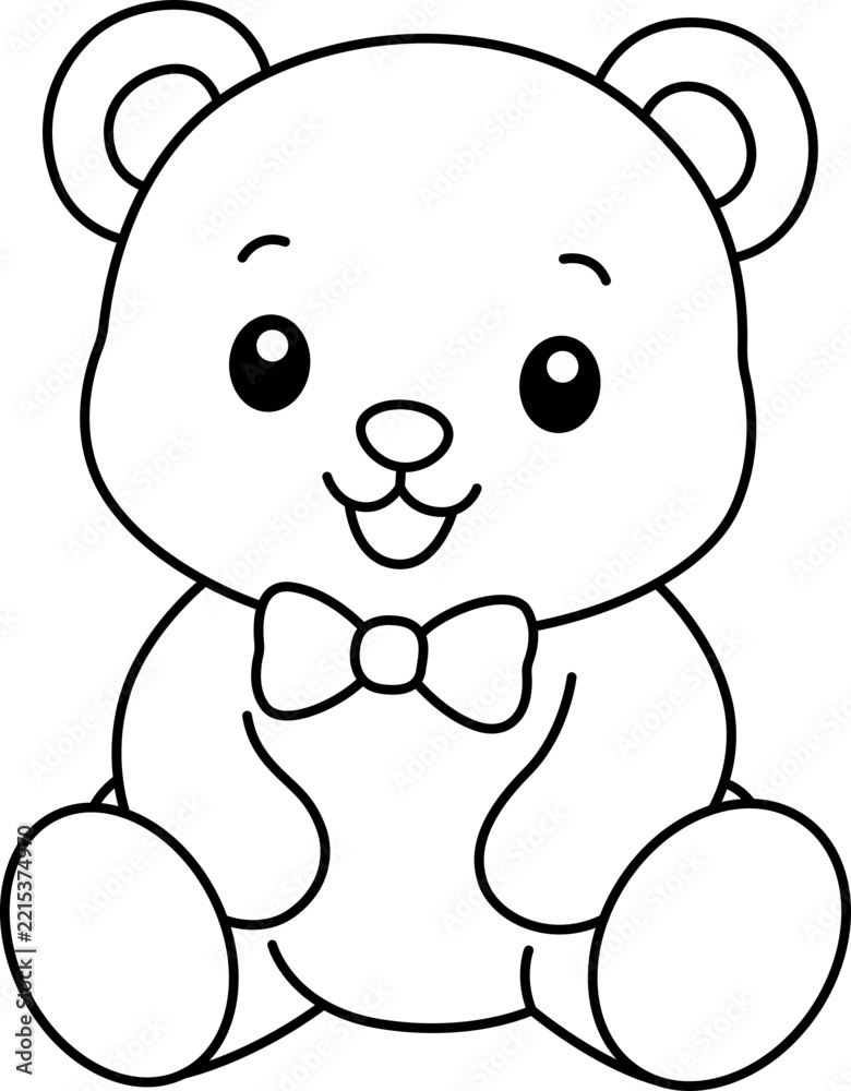 Fototapeta premium Teddy bear coloring page for kids, cute sitting bear line art vector with bow tie, minimalist cartoon animal illustration for preschool education