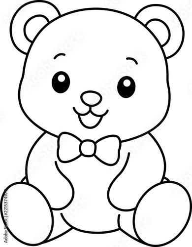 Teddy bear coloring page for kids, cute sitting bear line art vector with bow tie, minimalist cartoon animal illustration for preschool education