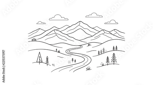 Black and White Mountain Landscape with Curving Road