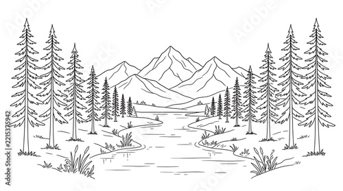 Minimalist Mountain River and Pine Trees Line Art