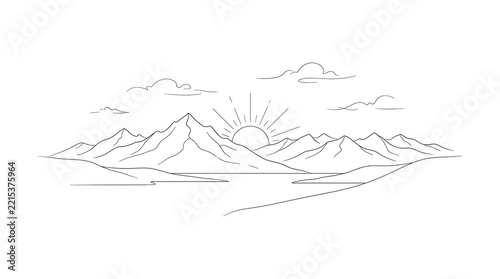 Minimalist Mountain Landscape with Sunset and Hikers
