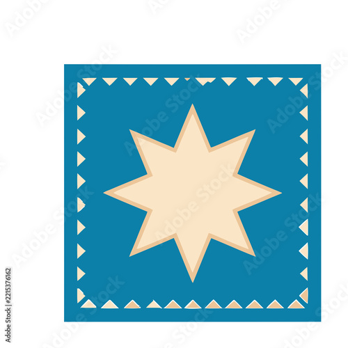 Eight-pointed star on blue background with triangle border