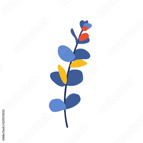 Stylized plant stem with blue and yellow leaves