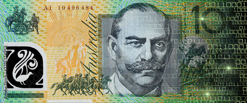 Australian dollar banknotes dissolving into binary code as a concept of digital currency transformation and financial cyber crime.
