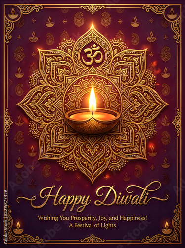 Happy diwali greeting card featuring a glowing diya lamp, om symbol, and intricate golden mandala patterns on a dark purple background