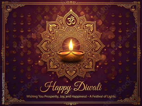 Happy diwali greeting card with a glowing diya lamp, ornate mandala pattern, and om symbol on a deep purple background, festive celebration of lights