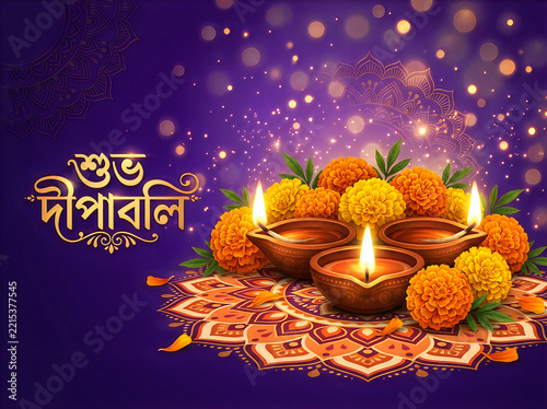 Happy diwali greeting with traditional oil lamps and marigold flowers arranged on a colorful mandala, festive celebration in bengali script