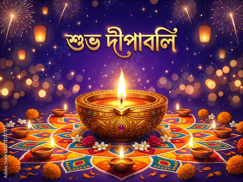 Diwali festival greeting with a central diya lamp on a colorful rangoli, surrounded by smaller lamps, flowers, and fireworks, with bengali text shubho dipaboli