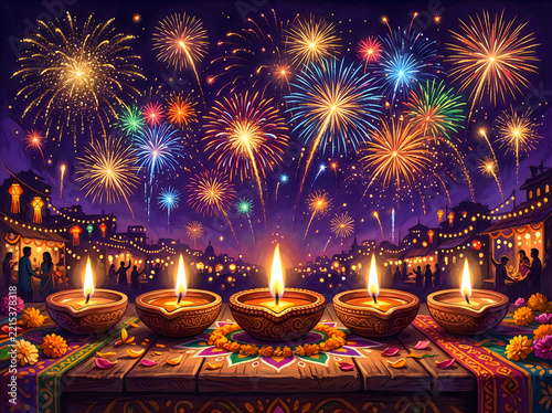 Diwali festival celebration with traditional clay oil lamps or diyas glowing on a wooden table against a vibrant night sky filled with colorful fireworks display