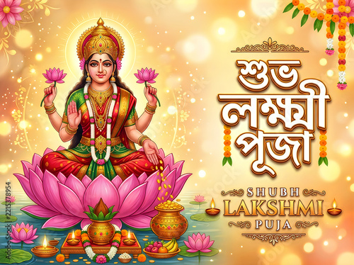 Goddess lakshmi seated on a lotus, blessing with gold coins, surrounded by traditional offerings, flowers, and festive lights, shubh lakshmi puja greeting card